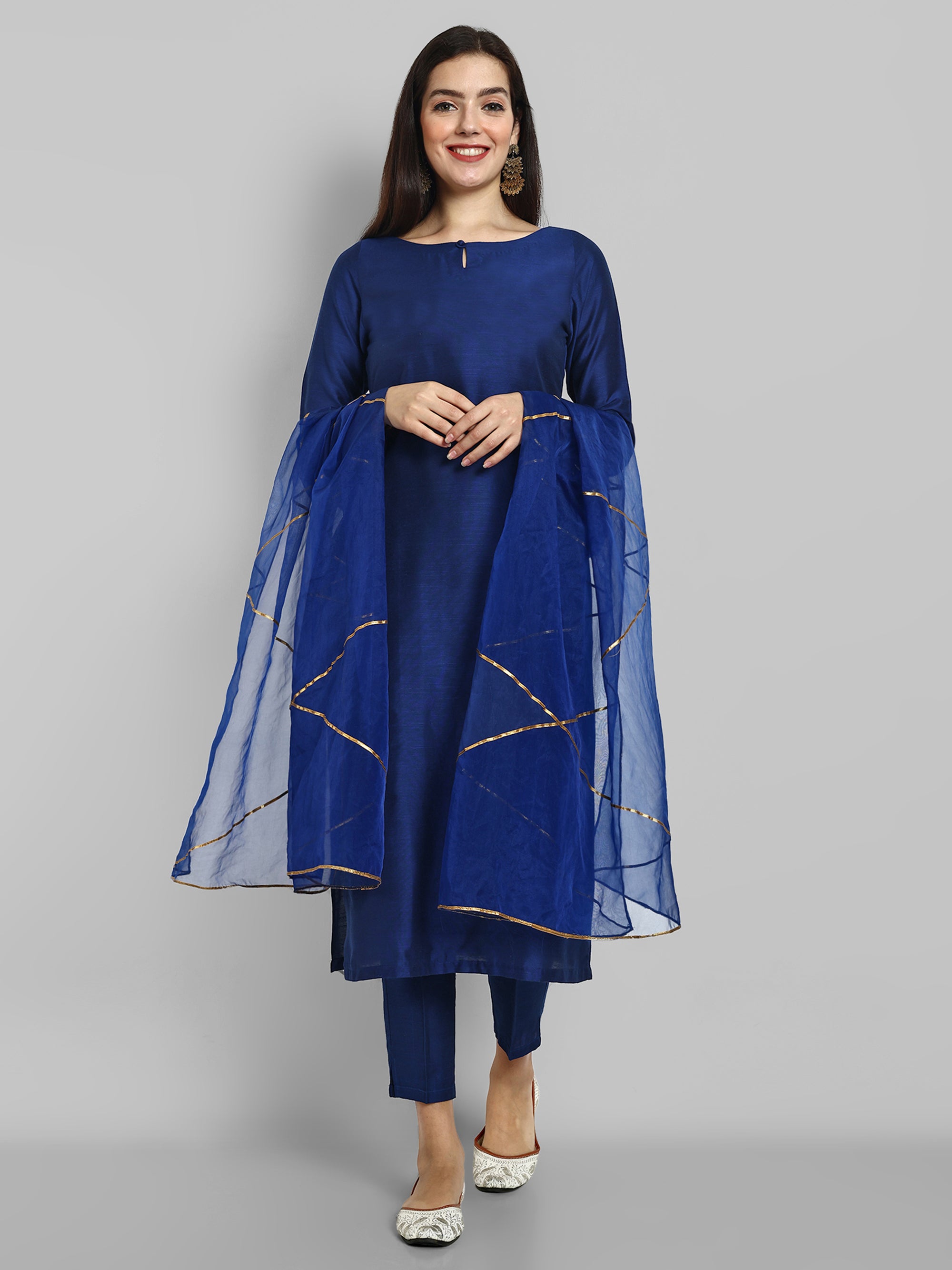 Ink Blue boat neck kurta paired with elasticated pants and an organza dupatta - a stylish set of three for a sophisticated and coordinated look