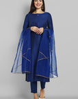 Ink Blue boat neck kurta paired with elasticated pants and an organza dupatta - a stylish set of three for a sophisticated and coordinated look