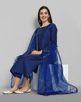 Ink Blue boat neck kurta paired with elasticated pants and an organza dupatta - a stylish set of three for a sophisticated and coordinated look