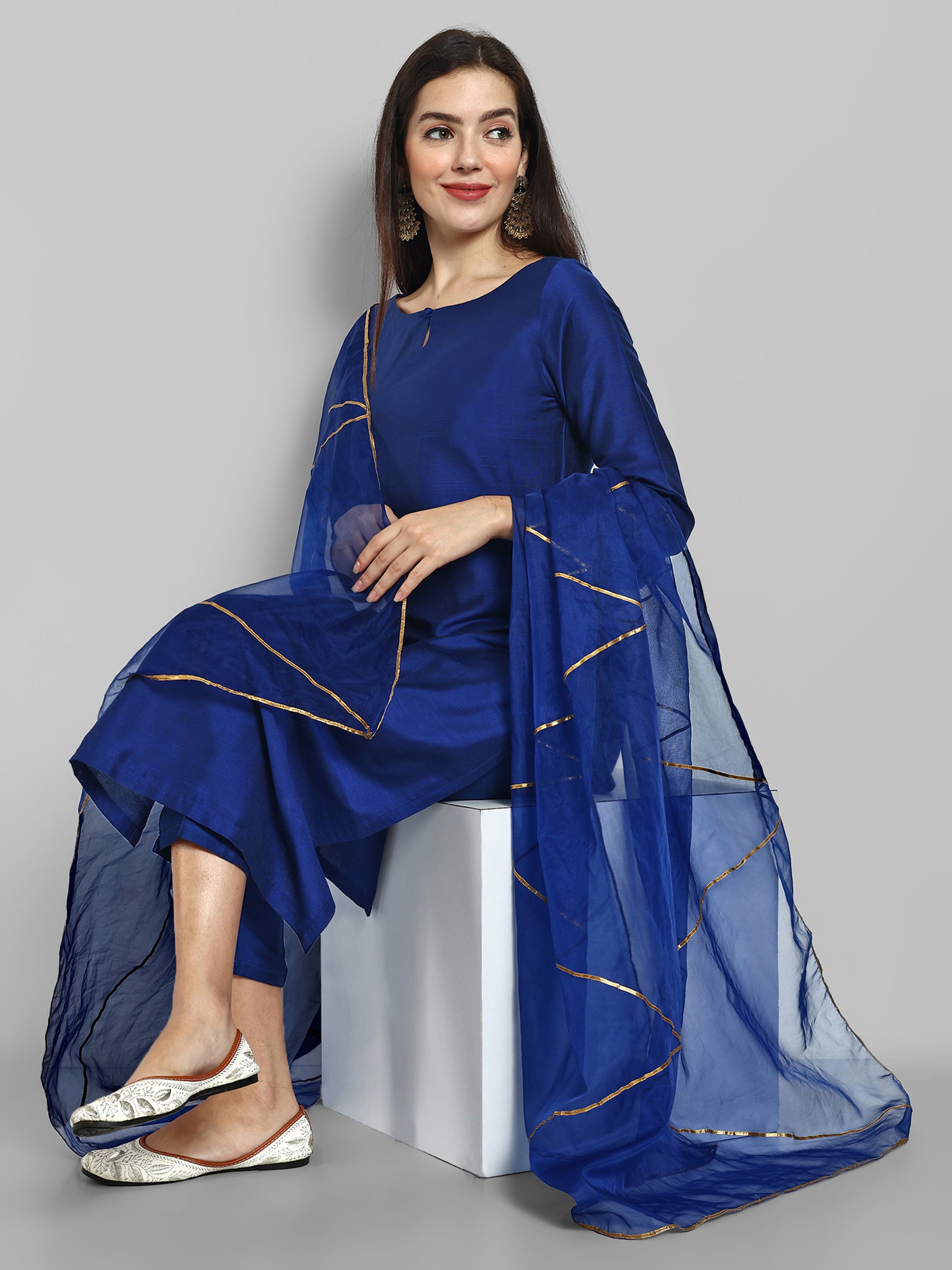 Ink Blue boat neck kurta paired with elasticated pants and an organza dupatta - a stylish set of three for a sophisticated and coordinated look