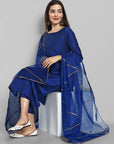 Ink Blue boat neck kurta paired with elasticated pants and an organza dupatta - a stylish set of three for a sophisticated and coordinated look