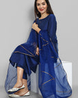 Ink Blue boat neck kurta paired with elasticated pants and an organza dupatta - a stylish set of three for a sophisticated and coordinated look