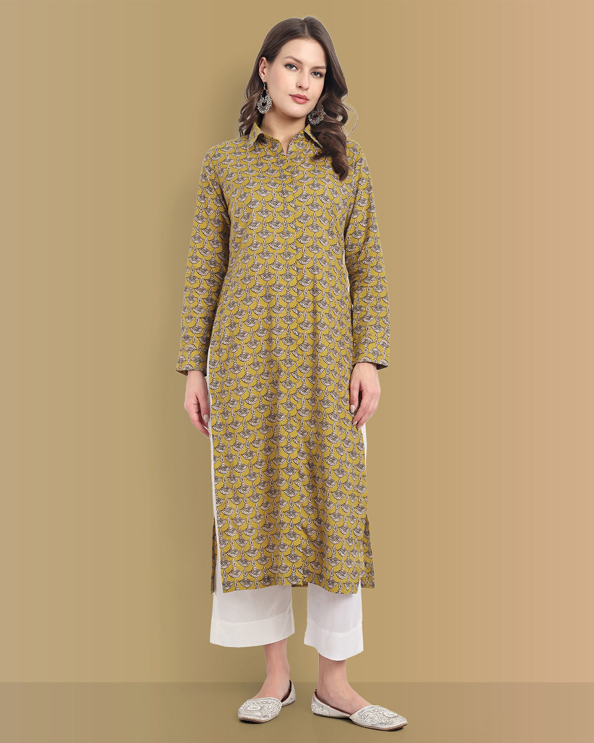 Ajrak Print Mustard Shirt Style Kurta