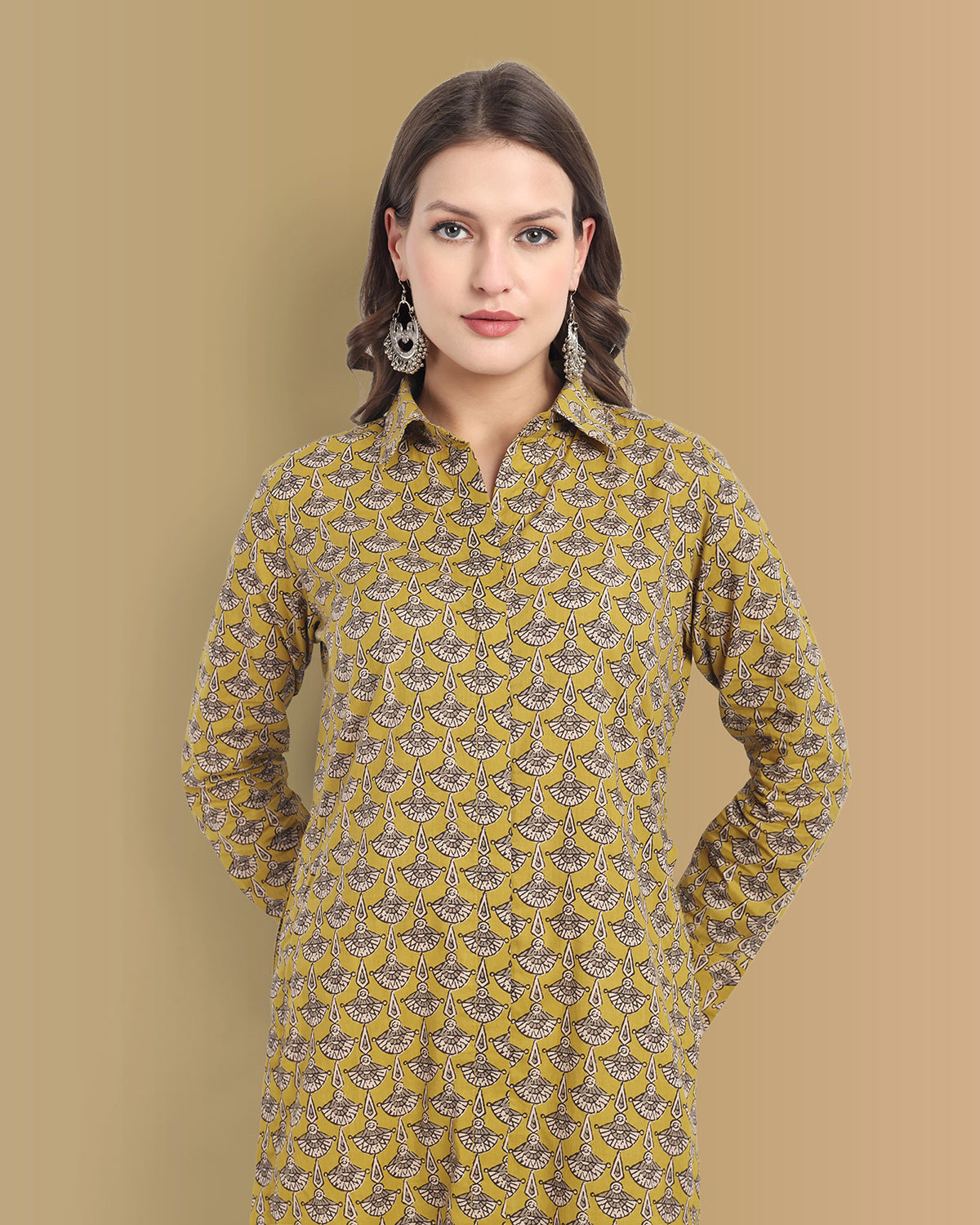 Ajrak Print Mustard Shirt Style Kurta