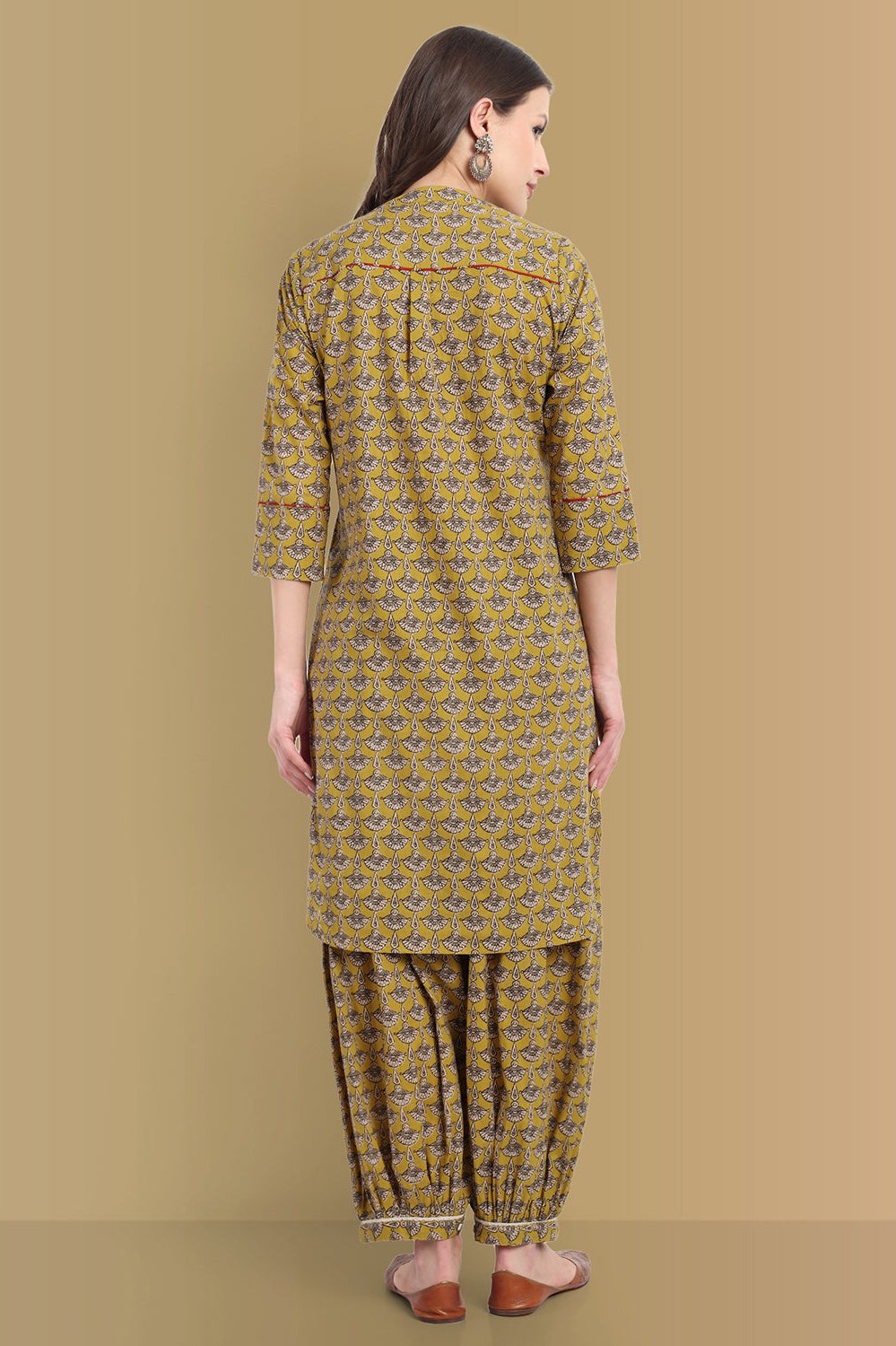 Mustard Mosaic Ajrak Short Asymmetrical Kurta with Harem Pant - Set of 2