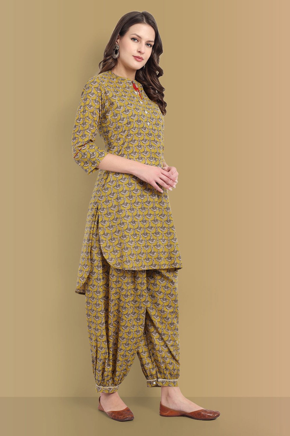 Mustard Mosaic Ajrak Short Asymmetrical Kurta with Harem Pant - Set of 2