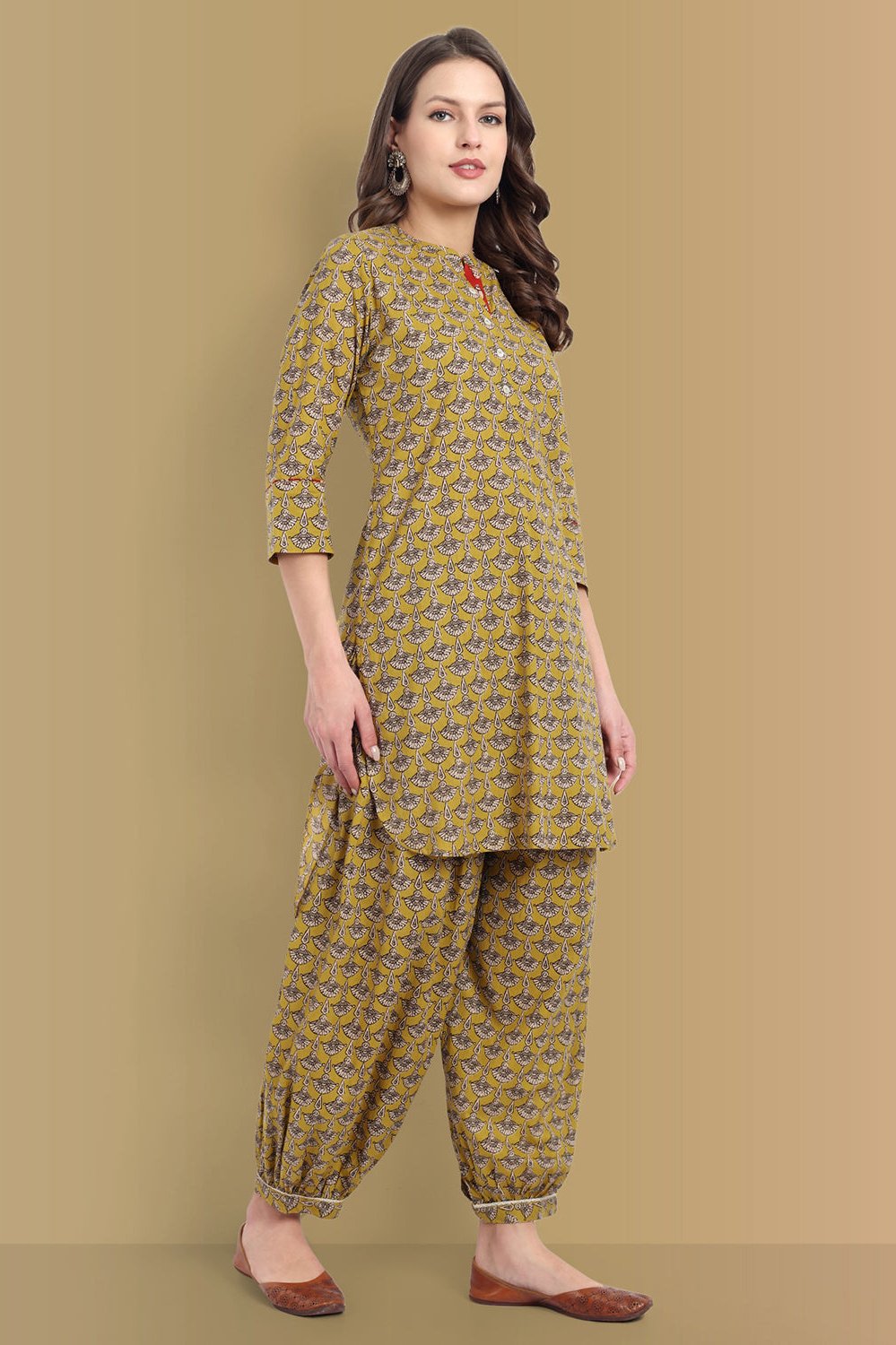 Mustard Mosaic Ajrak Short Asymmetrical Kurta with Harem Pant - Set of 2