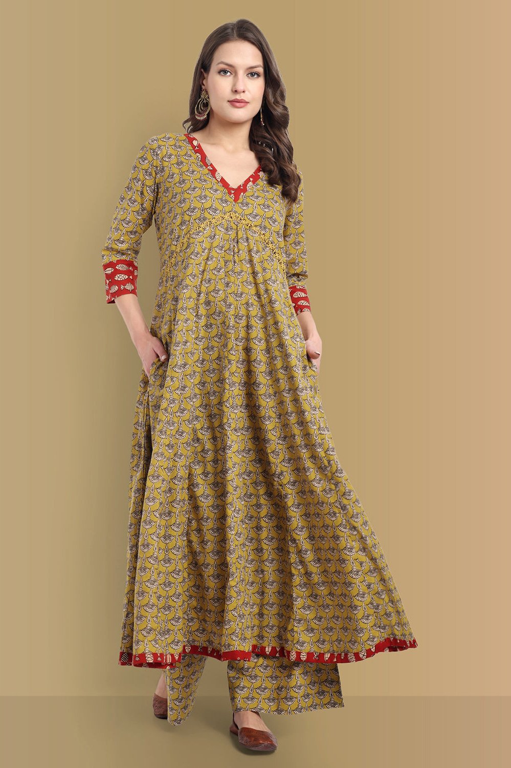 Mustard Ajrak Bahaar Kalidaar Kurta with Lower