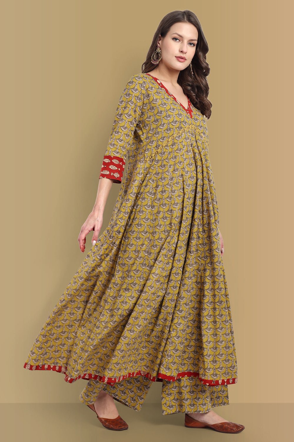 Mustard Ajrak Bahaar Kalidaar Kurta with Lower