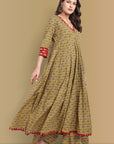 Mustard Ajrak Bahaar Kalidaar Kurta with Lower