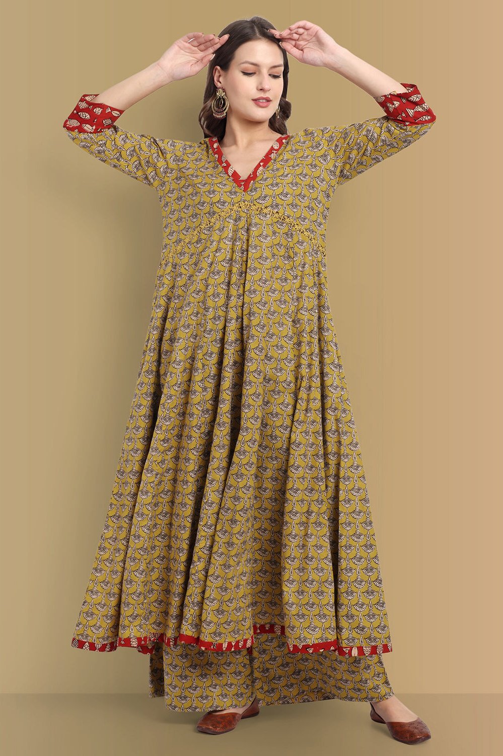 Mustard Ajrak Bahaar Kalidaar Kurta with Lower