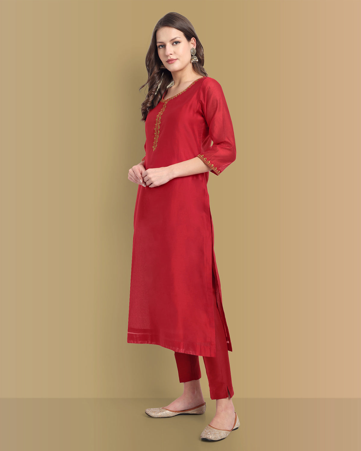 Red Handcrafted Chanderi Kurta with Dupatta