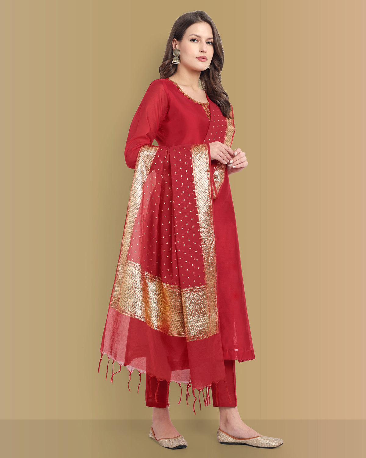 Deep Red Handcrafted Chanderi Kurta with Banaras Dupatta