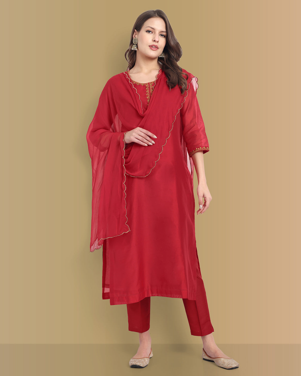 Deep Red Handcrafted Chanderi Kurta with Dupatta