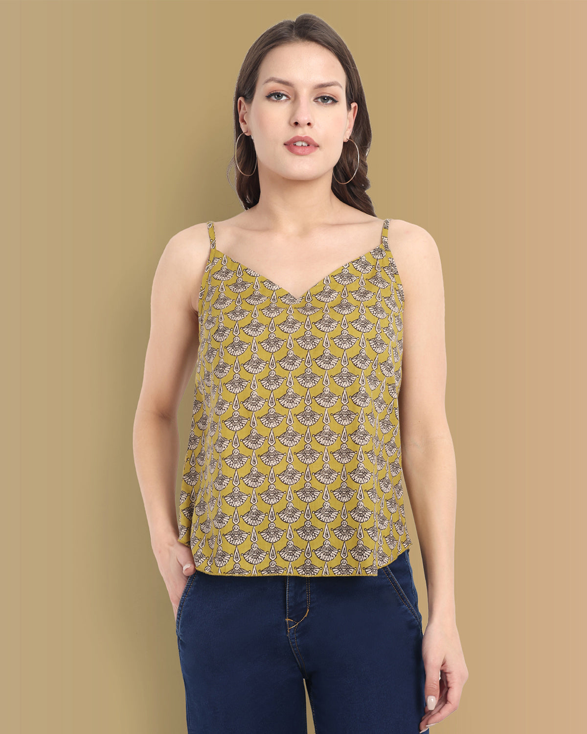 Eco-Chic Mustard Ajrak Noodle Strap Top