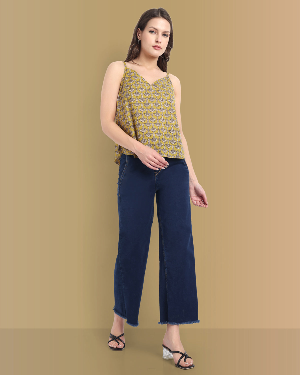 Mustard Ajrakh Noodle Strap Top