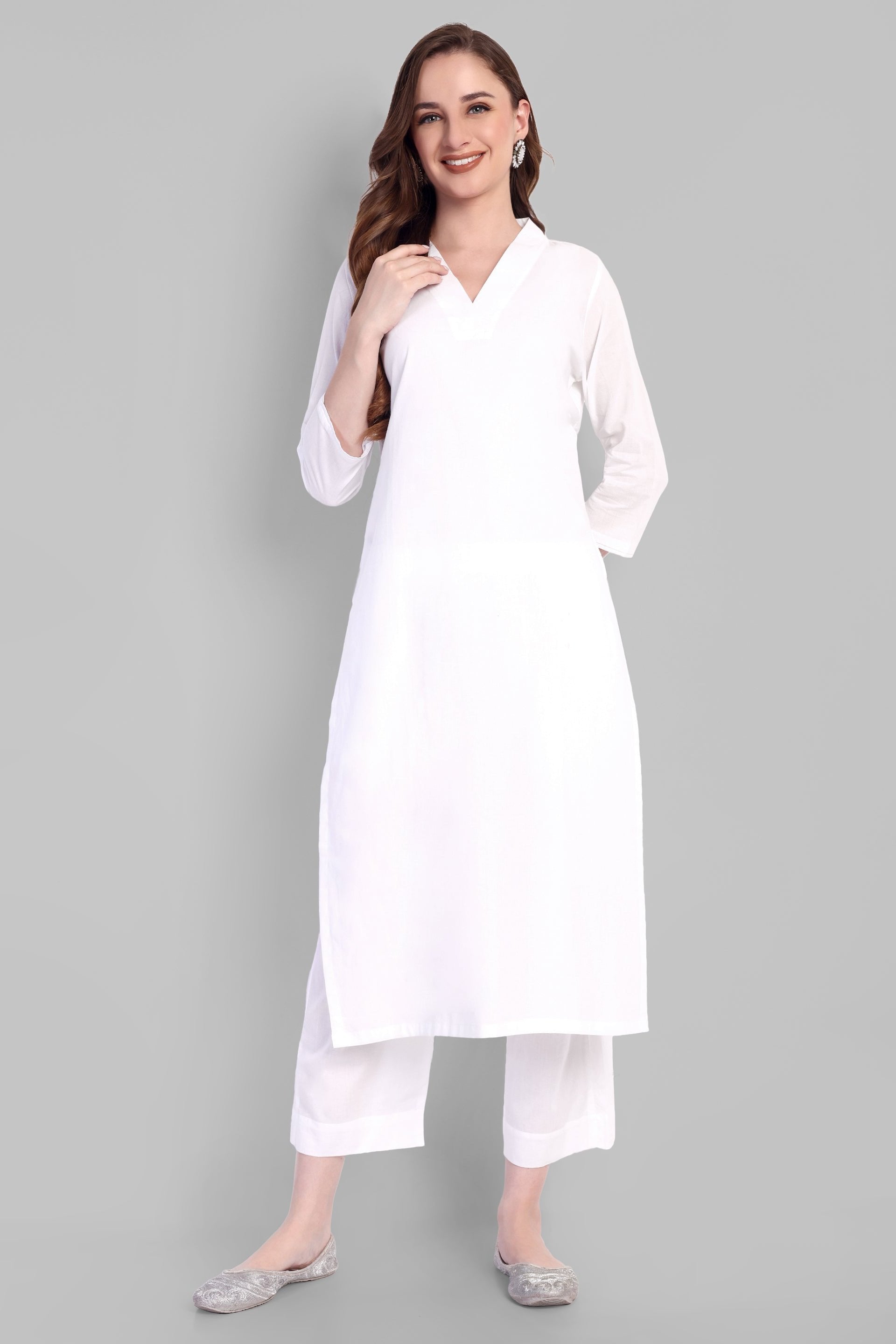 V Neck Basic Kurta with Straight Bottom - Set of 2