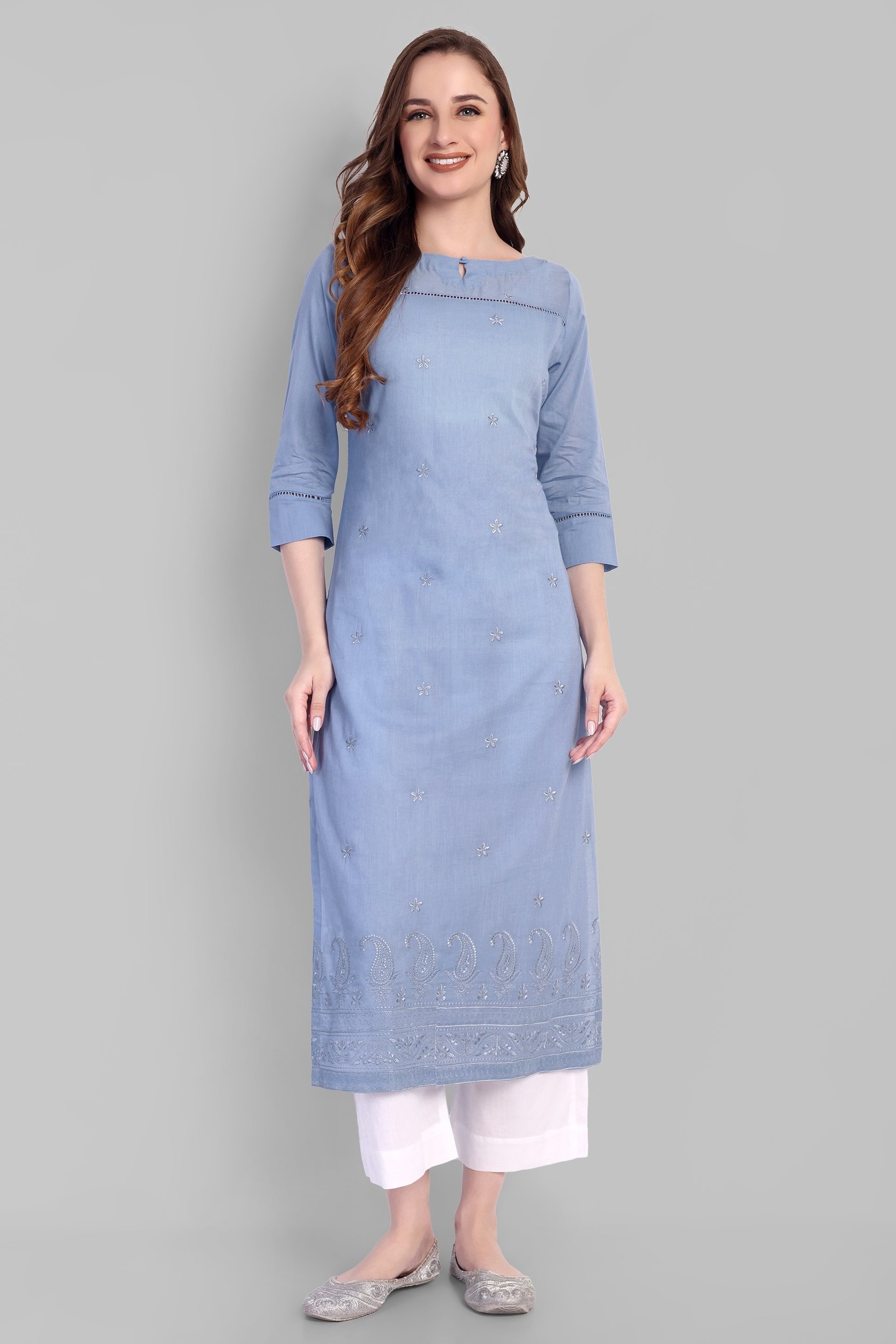 blue Long chikankari Kurta and pant