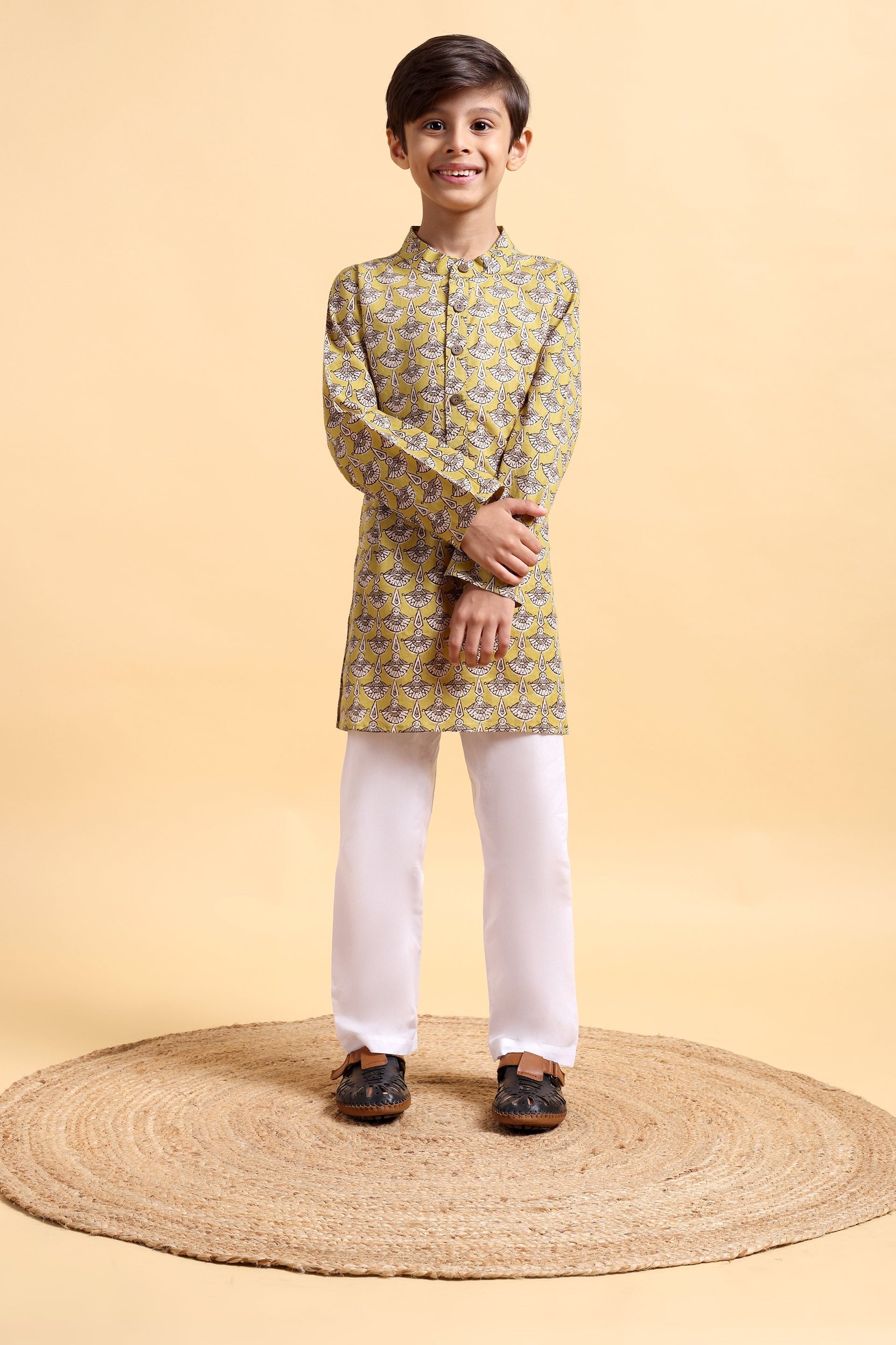 Boys Mustard Ajrak Kurta and Pajama