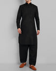 Black Cotton-Linen Pathani Suit for Men