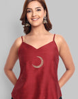 Deep Red Cotton Silk Embroidery Top