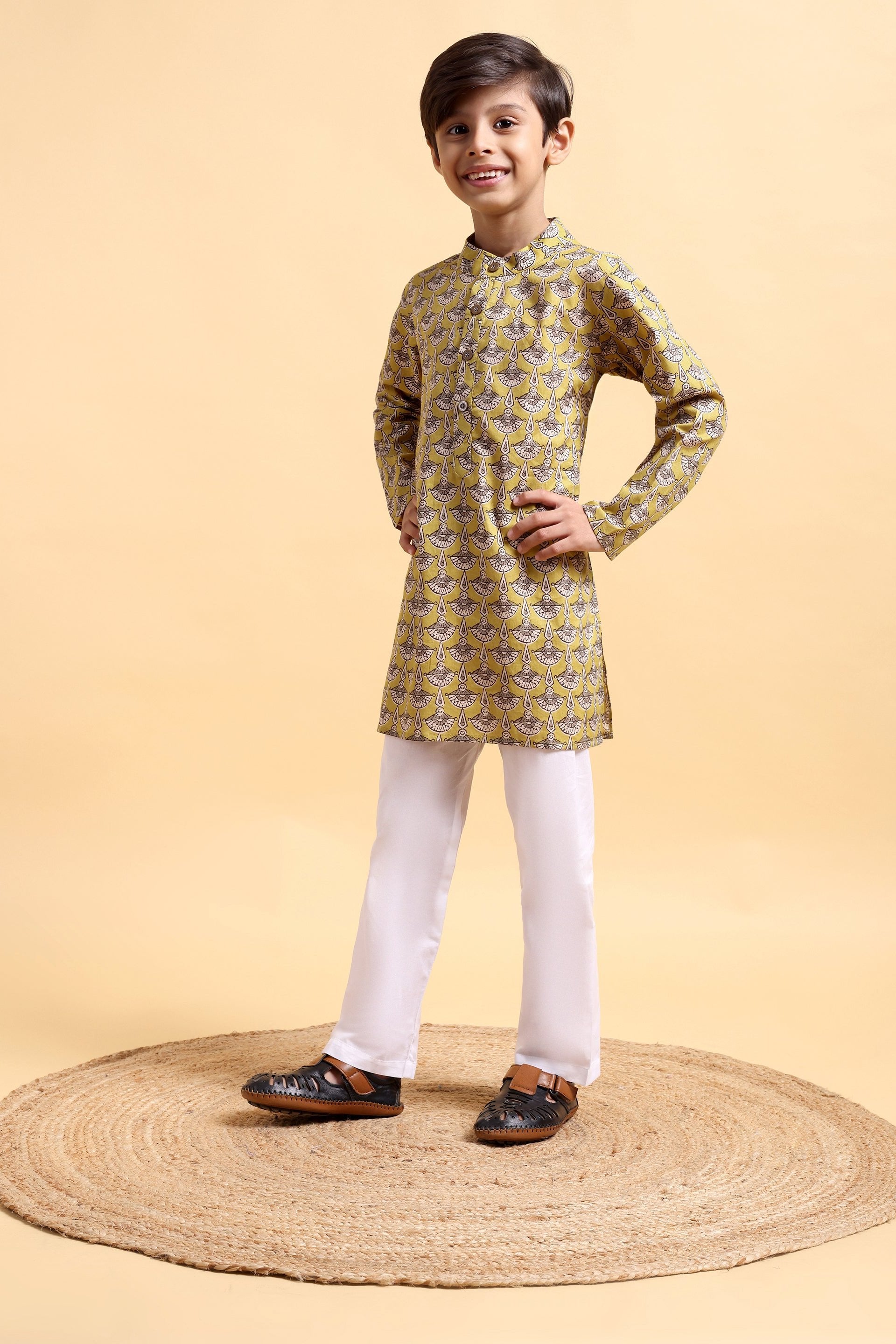 Boys Mustard Ajrak Kurta and Pajama