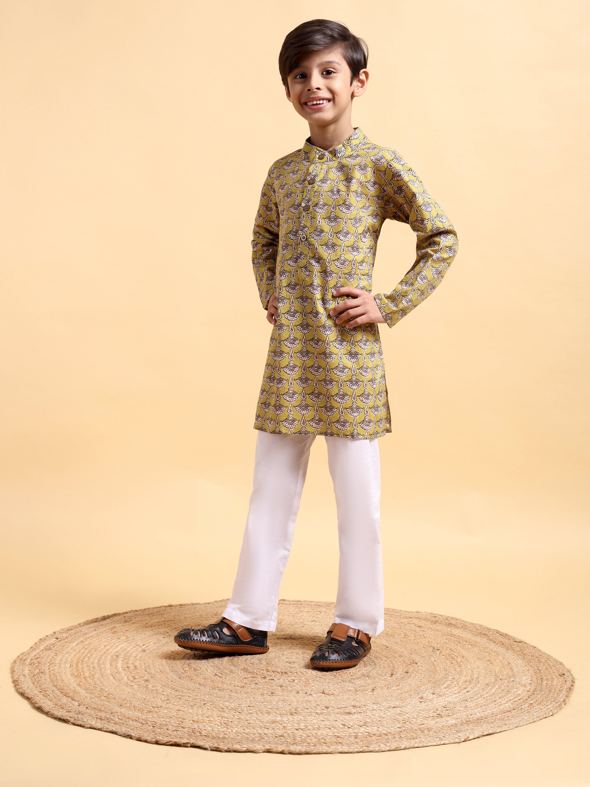 Boys Mustard Ajrak Kurta and Pajama