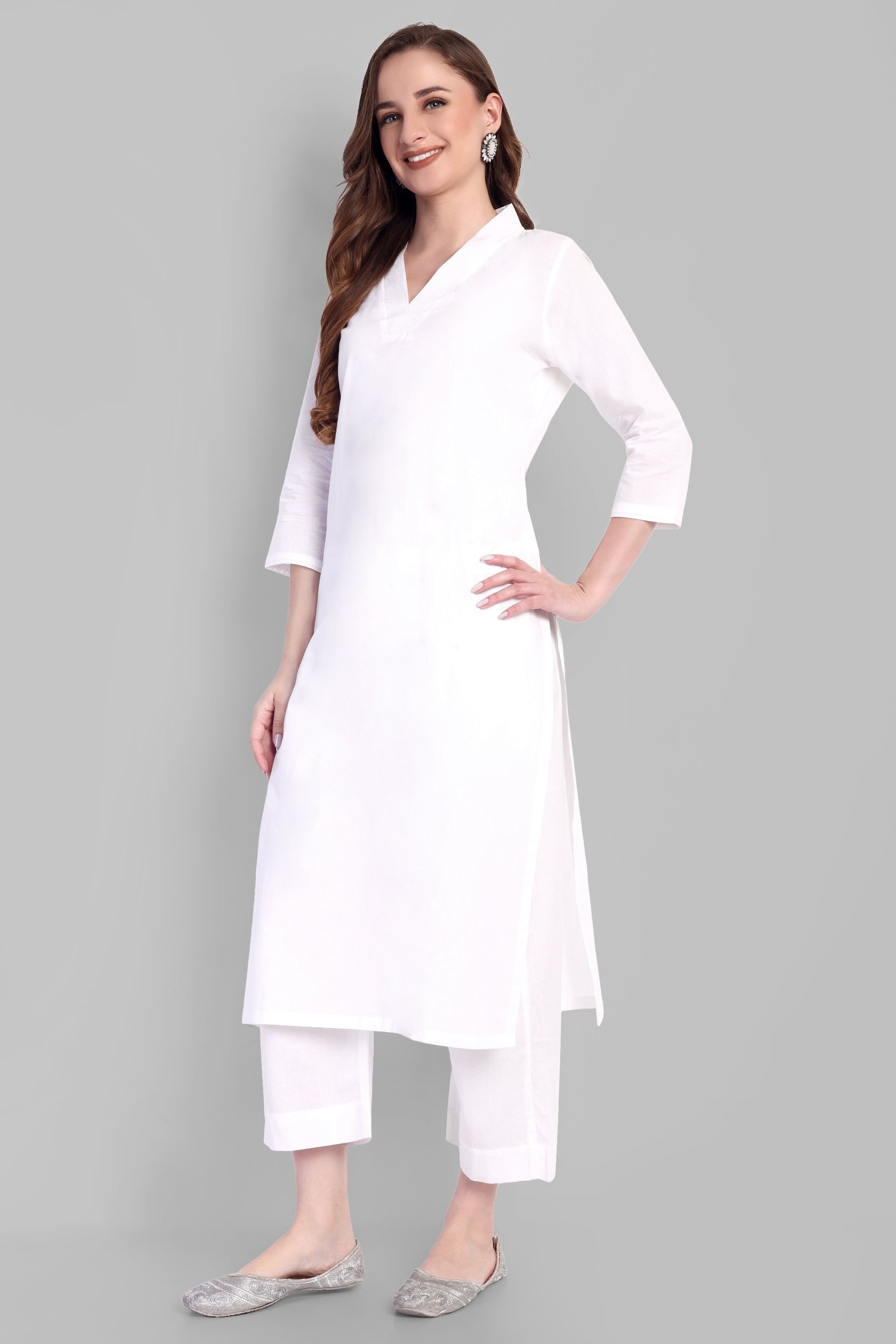 V Neck Basic Kurta with Straight Bottom - Set of 2