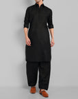 Black Cotton-Linen Pathani Suit for Men