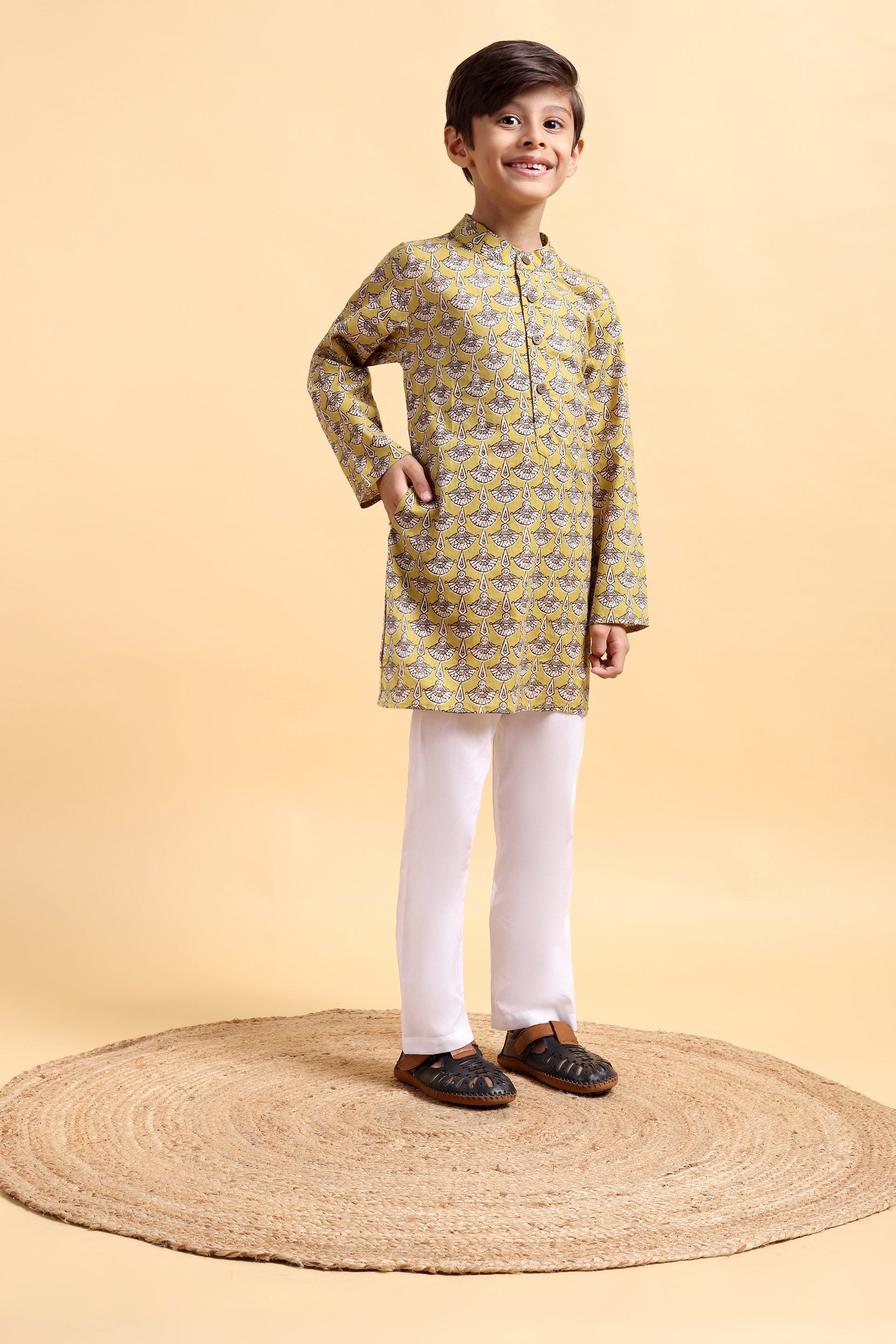 Boys Mustard Ajrak Kurta and Pajama