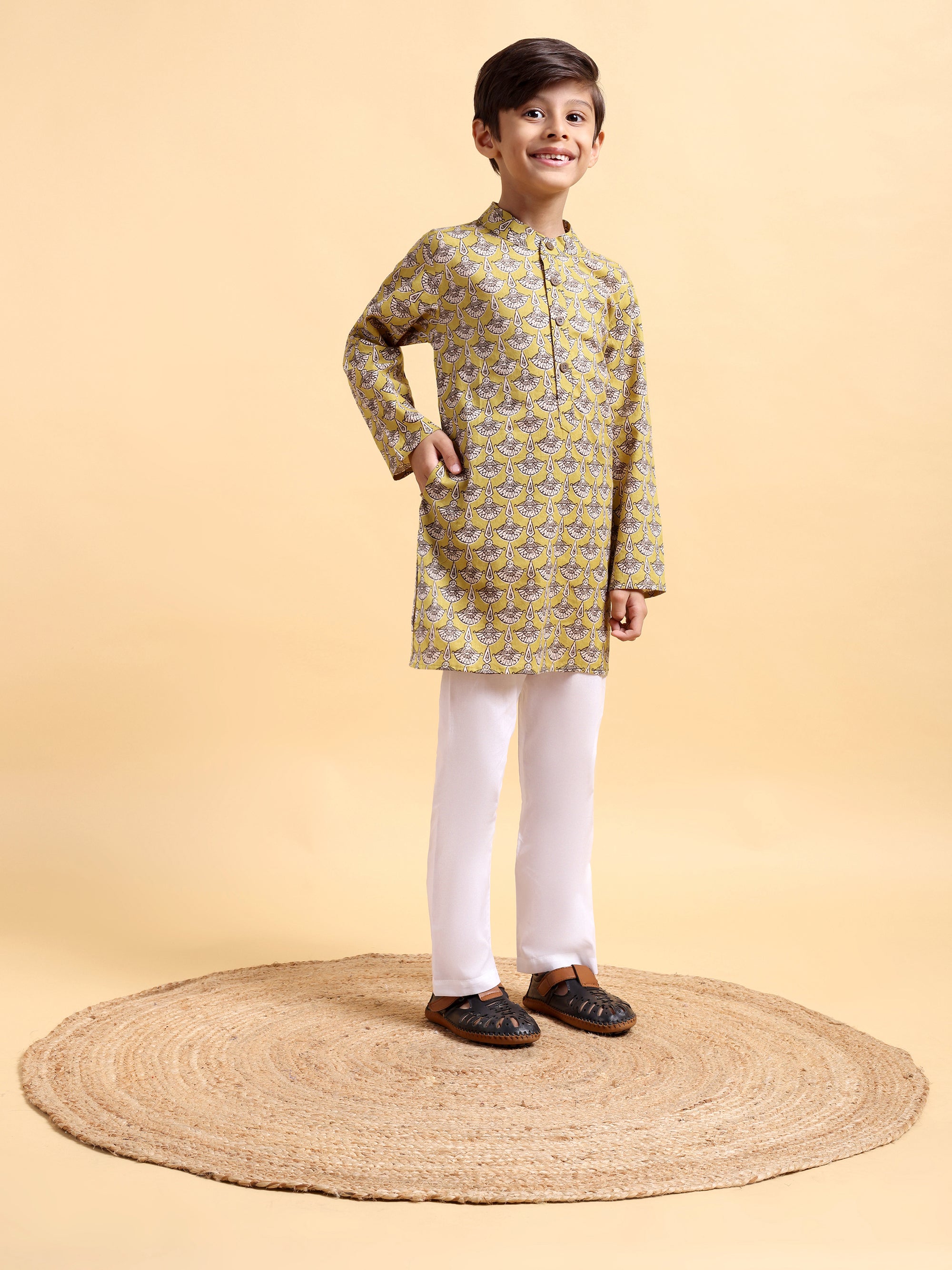 Boys Mustard Ajrak Kurta and Pajama