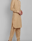 Beige Cotton-Linen Pathani Suit