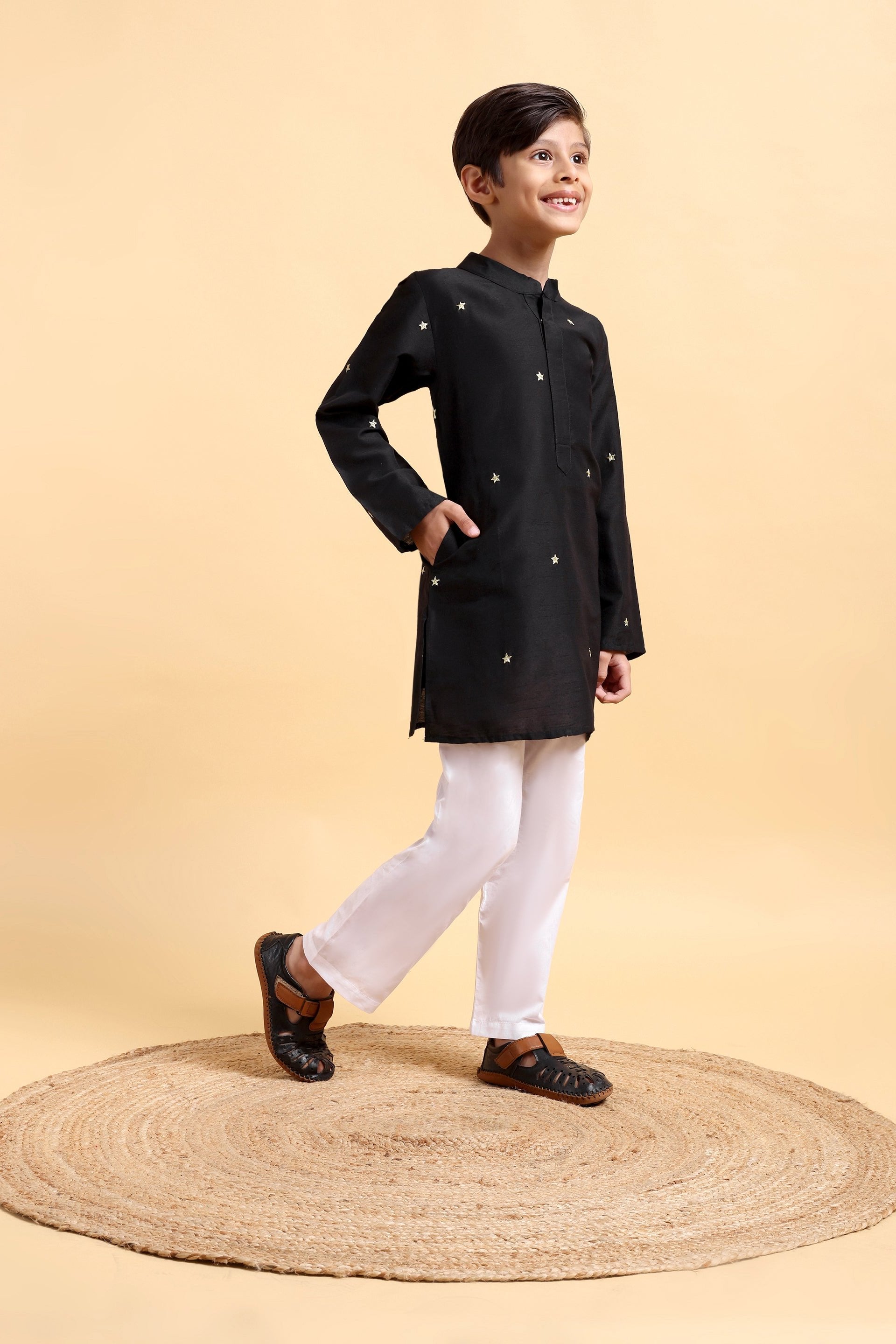 Kids Black Cotton Silk Kurta & Pajama Set