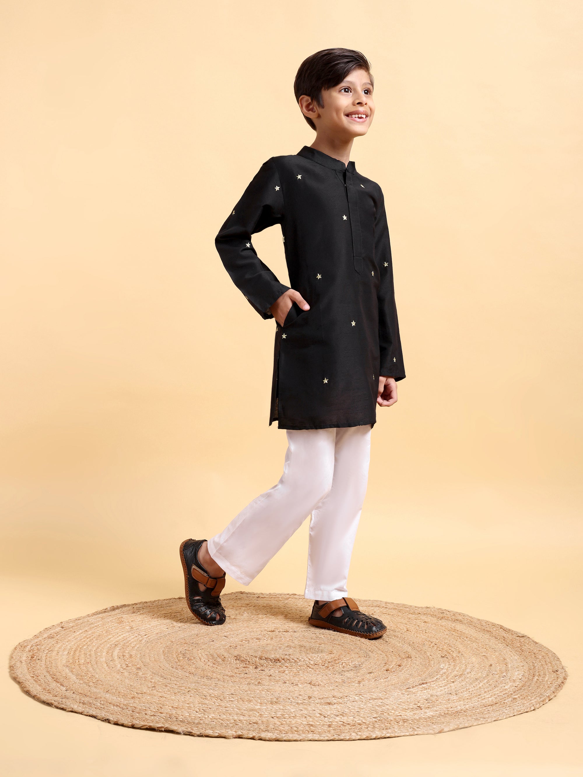 Kids Black Cotton Silk Kurta & Pajama Set