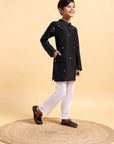 Kids Black Cotton Silk Kurta & Pajama Set