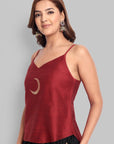 Deep Red Cotton Silk Embroidery Top