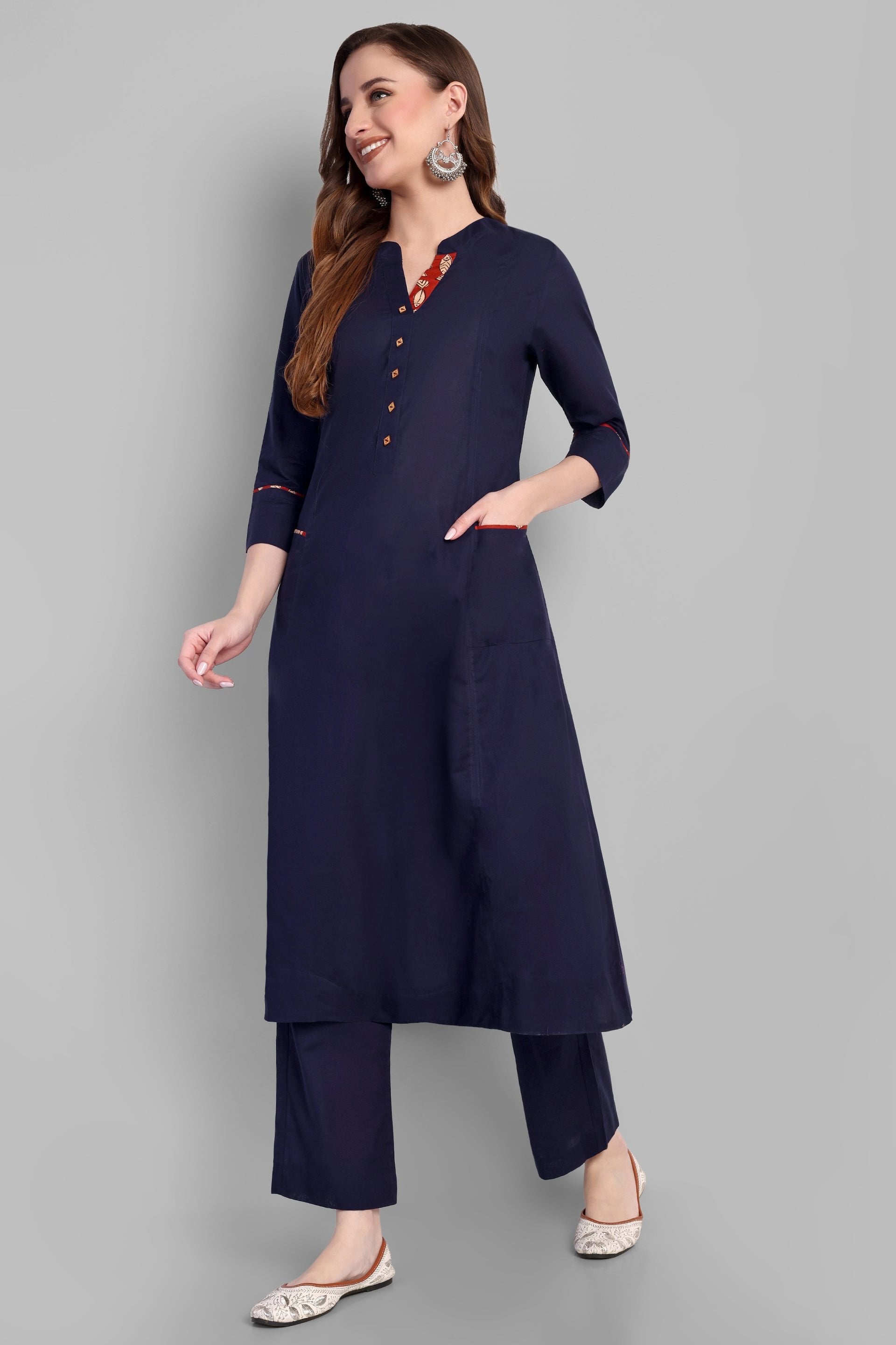 Navy Blue A Line Side Pocket Kurta Set of 2