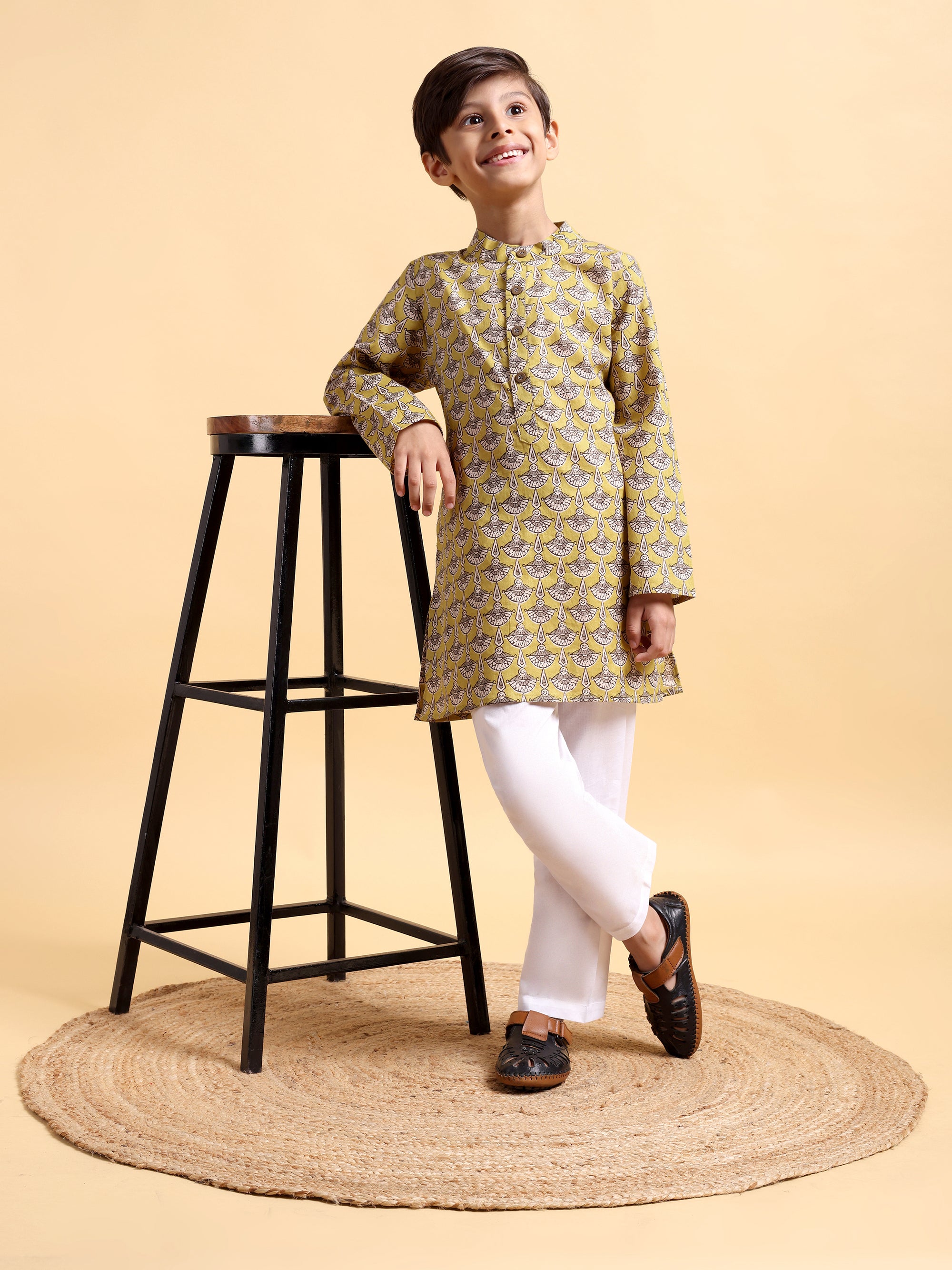 Boys Mustard Ajrak Kurta and Pajama