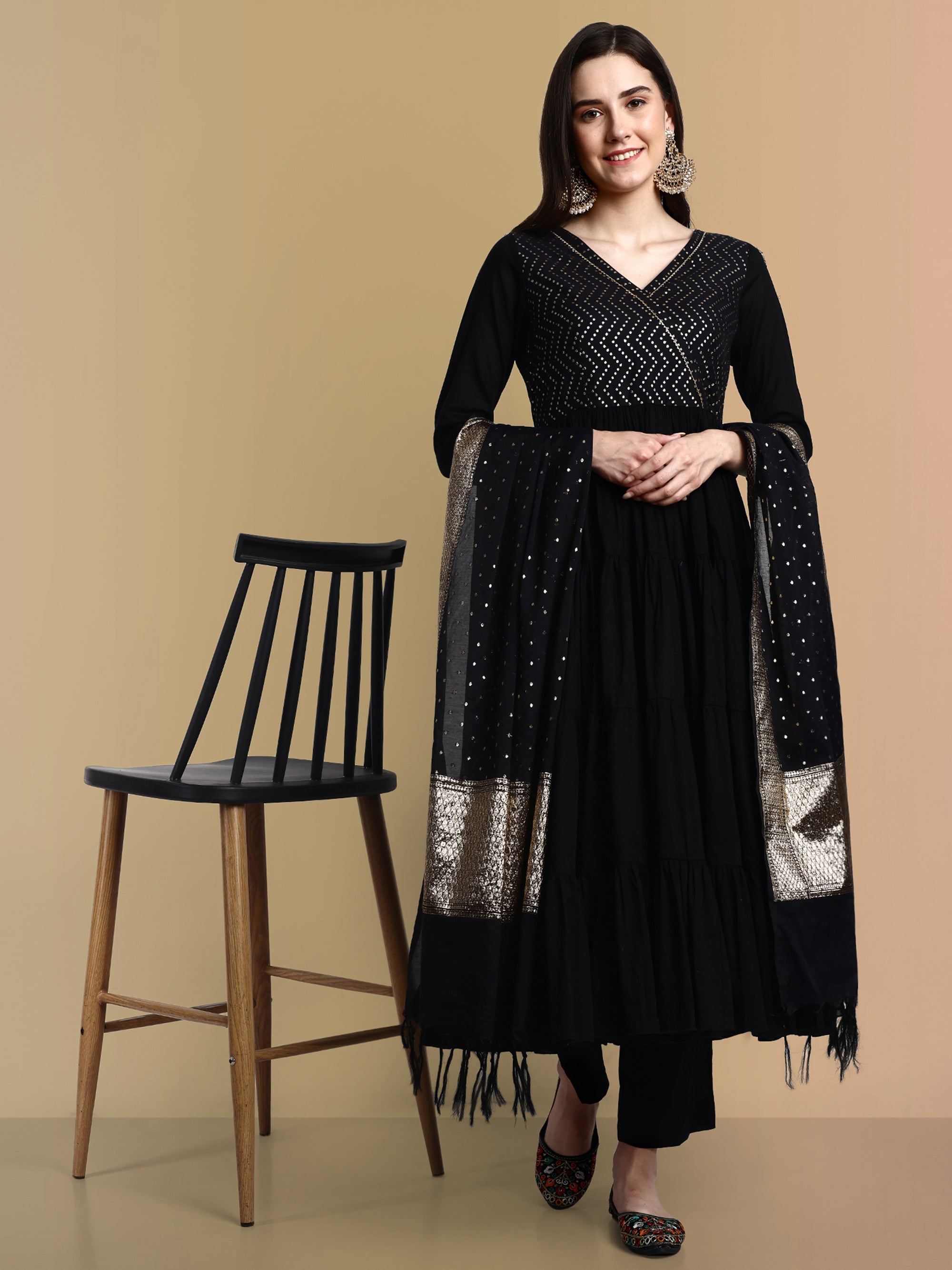 Black Cotton Chanderi Graduated Angrakha Style