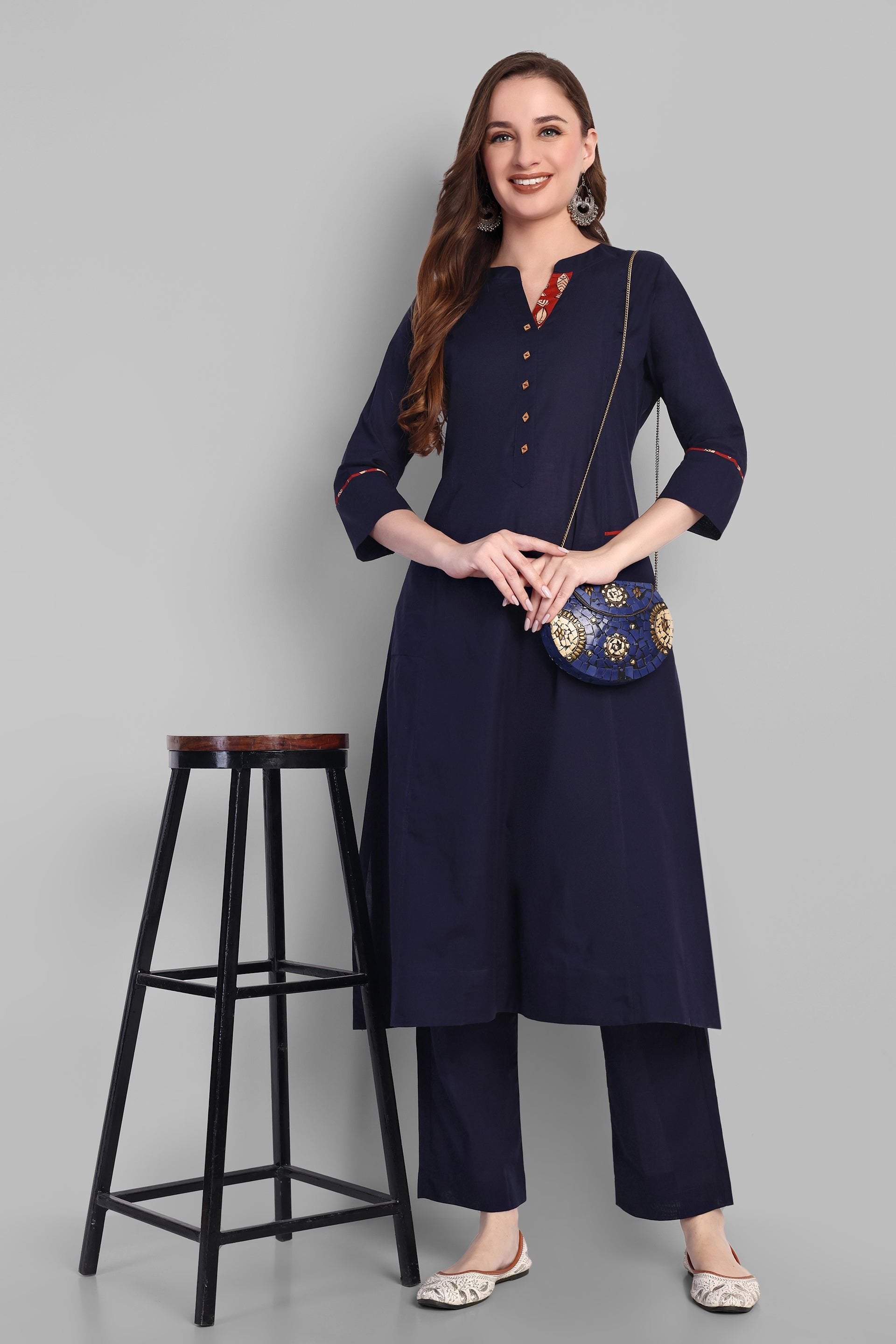 Navy Blue A Line Side Pocket Kurta Set of 2