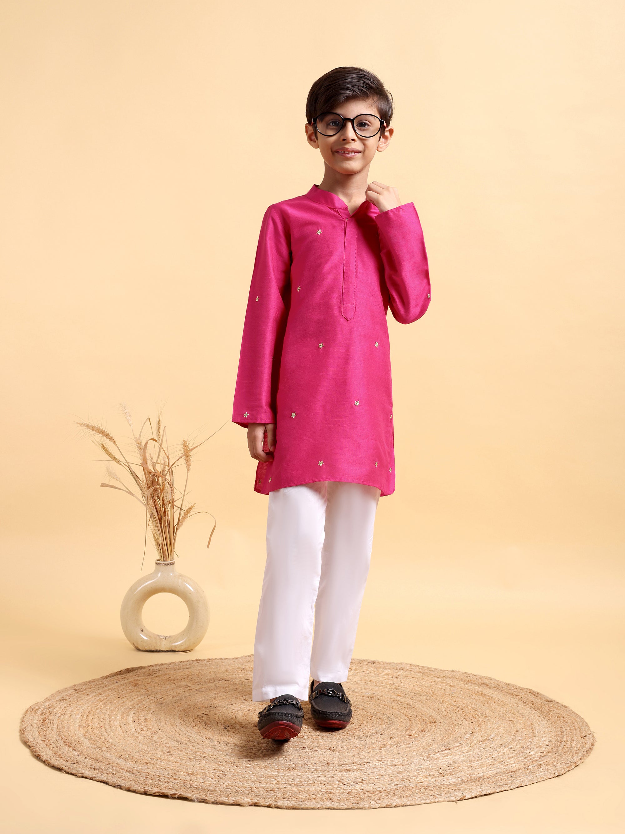 Hot Pink Embriodery Cotton Silk Kurta &amp; Pajama Set