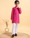 Hot Pink Embriodery Cotton silk Kurta & Pajama Set