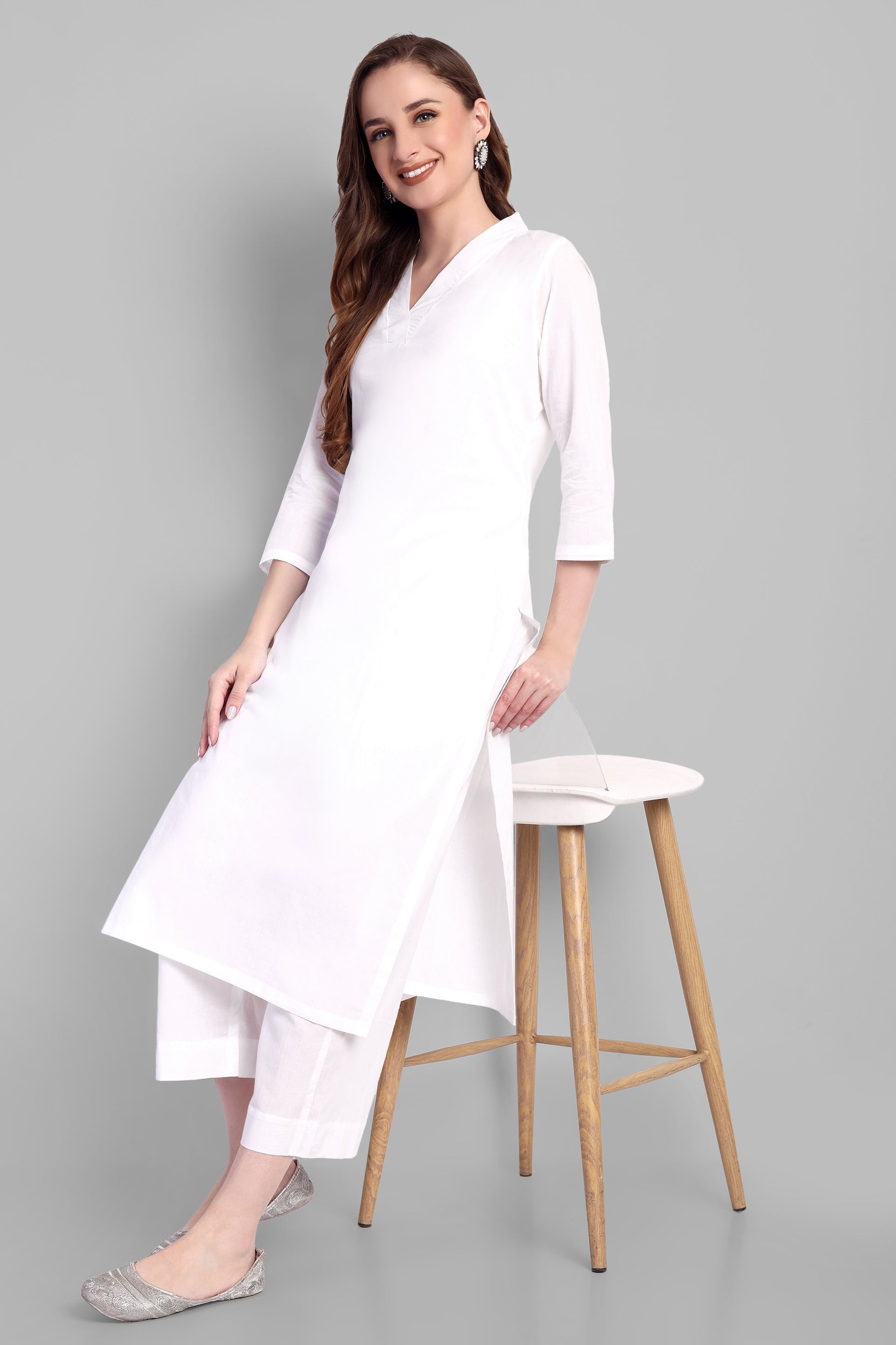 V Neck Basic Kurta with Straight Bottom - Set of 2