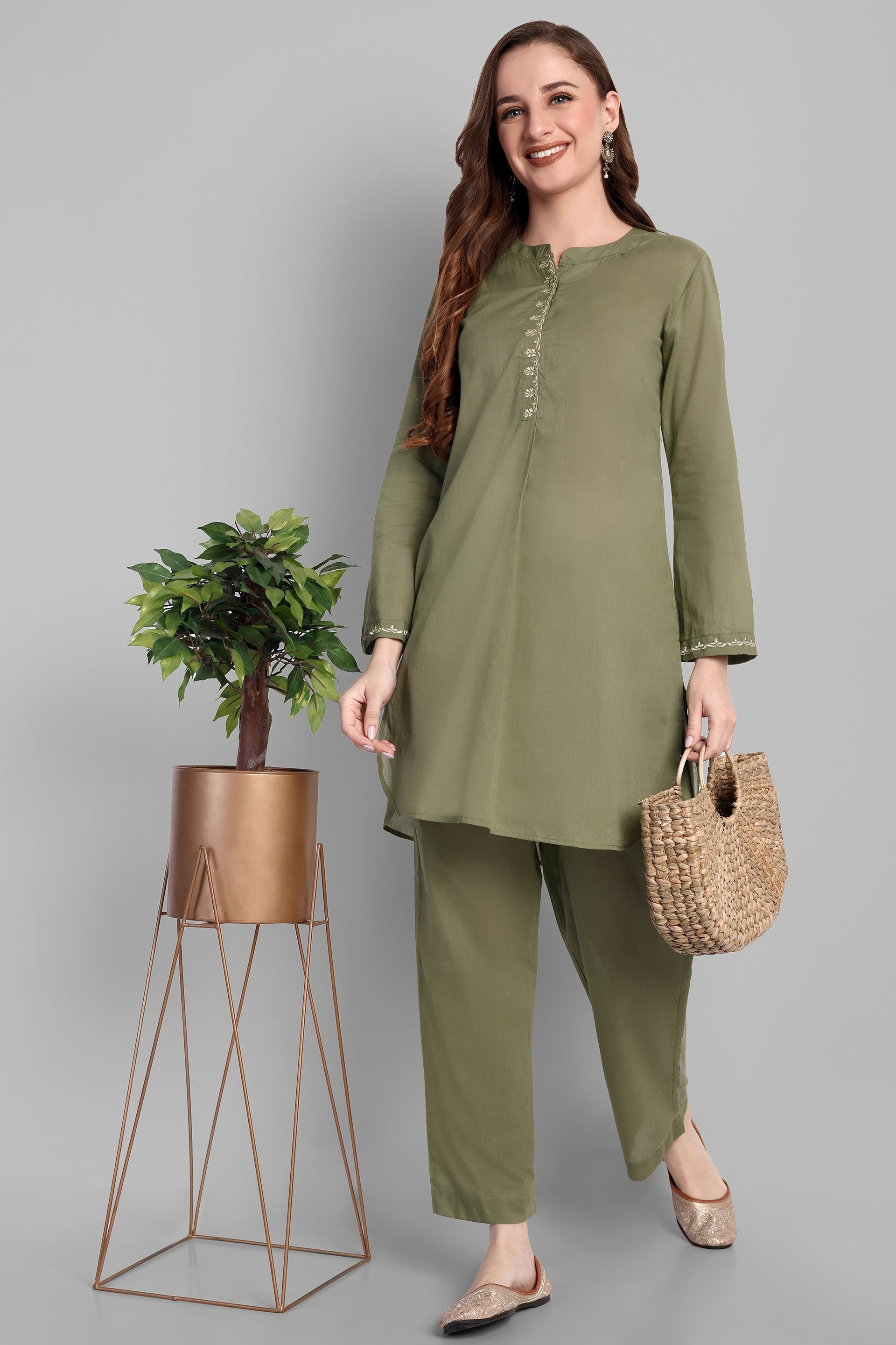 Khaki Green Mul Co-ord Set