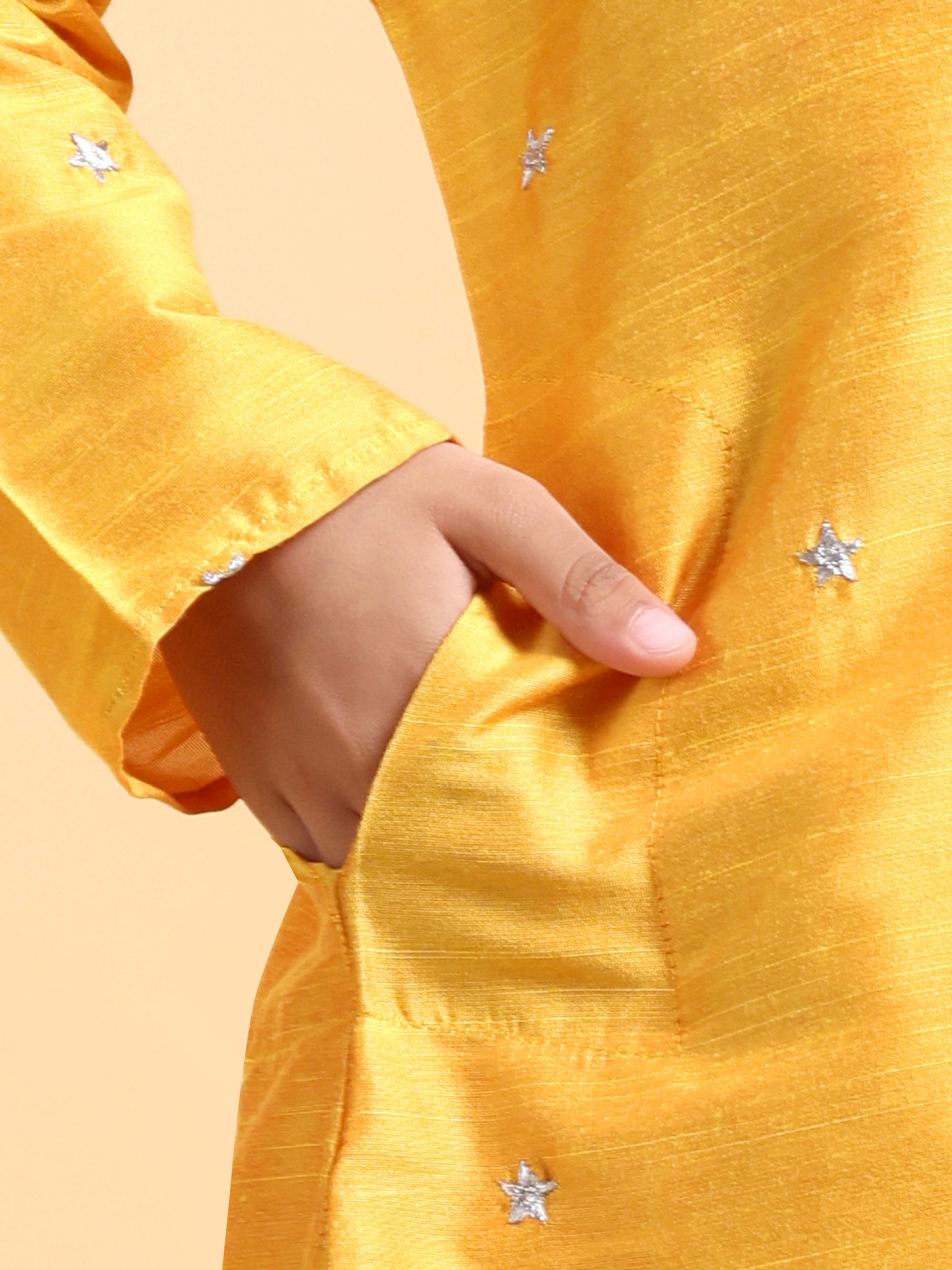 Boys Yellow embroidery Cotton silk Kurta &amp; Pajama Set