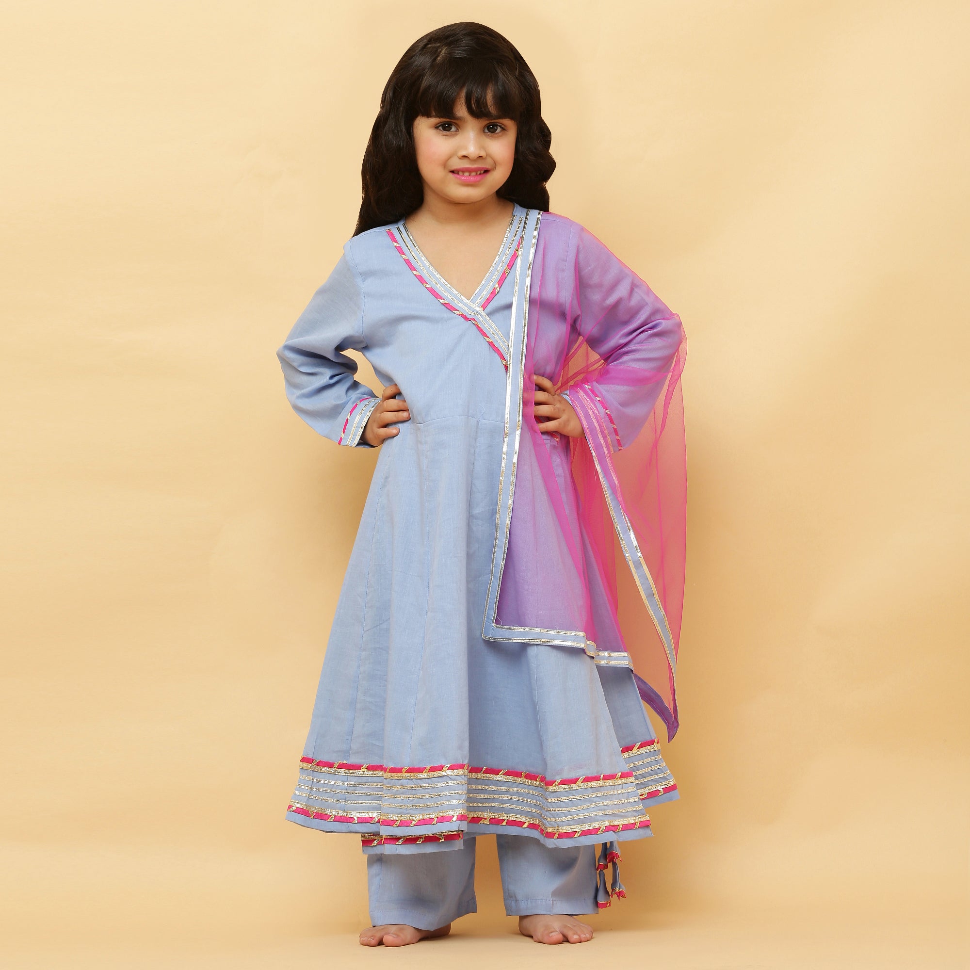 V-Neck Azure Mul Cotton Anarkali - Set of 3