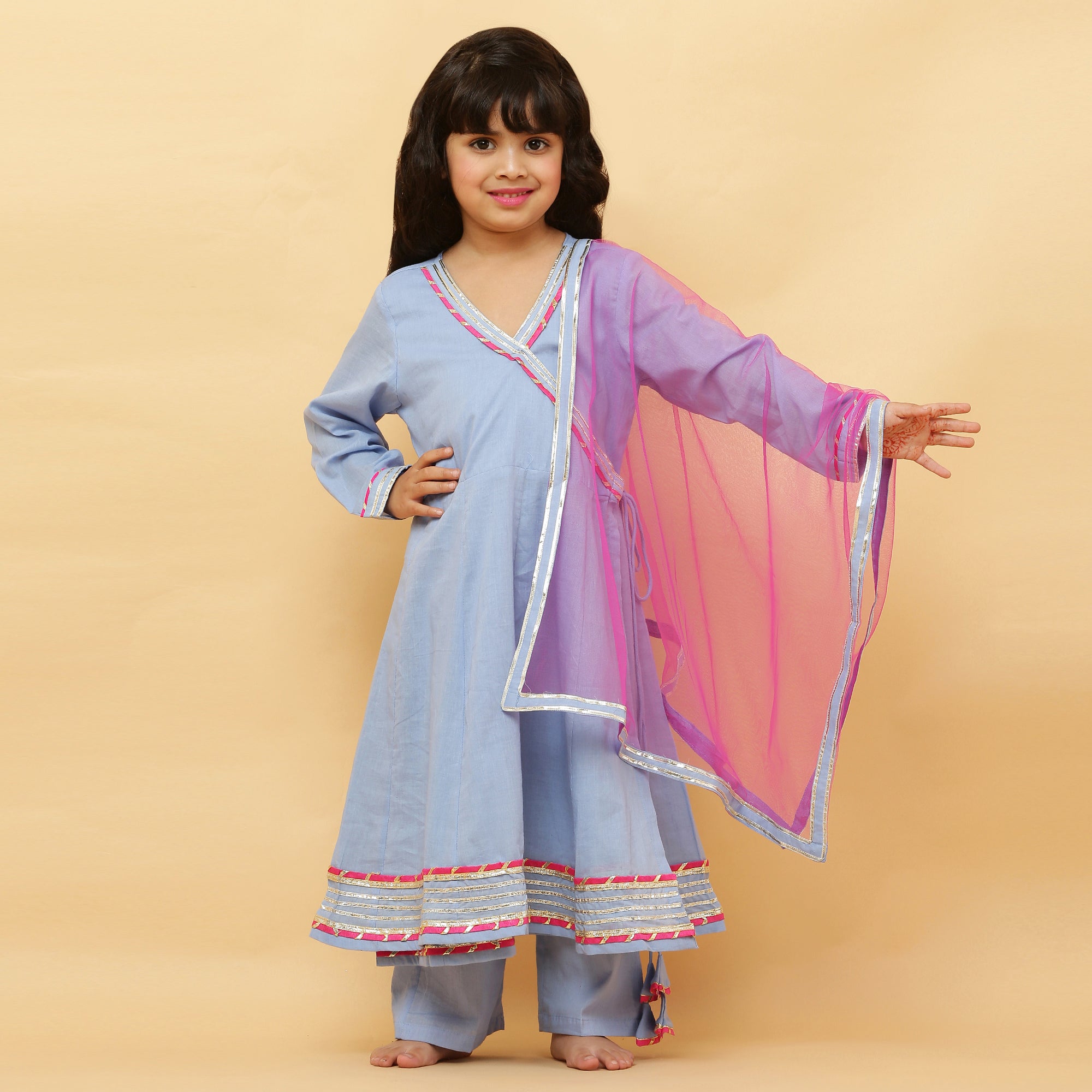 V-Neck Azure Mul Cotton Anarkali - Set of 3