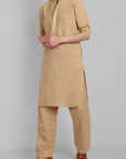 Beige Cotton-Linen Pathani Suit