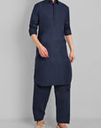 Navy Blue Cotton-Linen Pathani