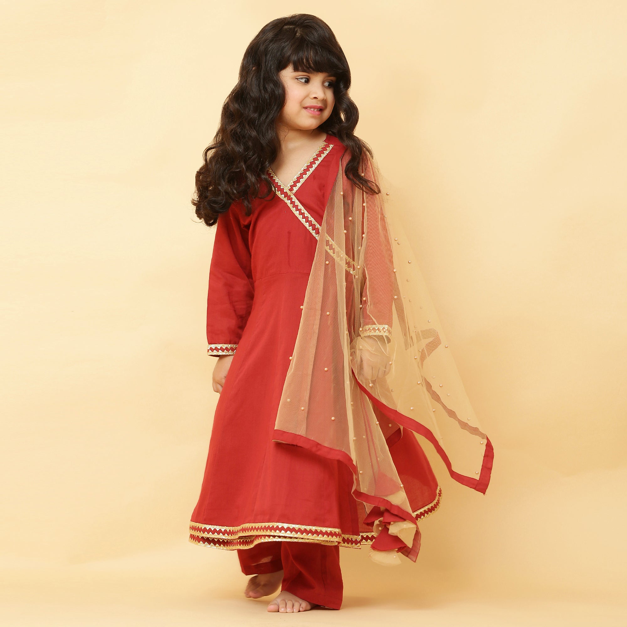 Girls Maroon Angrakha with Pant Set